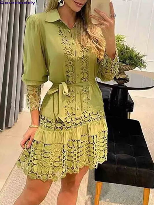 BareDaddy Autumn Sexy Lace Patch Shirt Dress