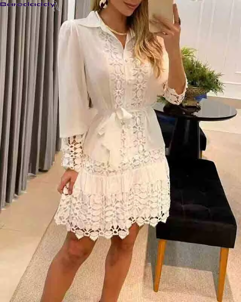 BareDaddy Autumn Sexy Lace Patch Shirt Dress