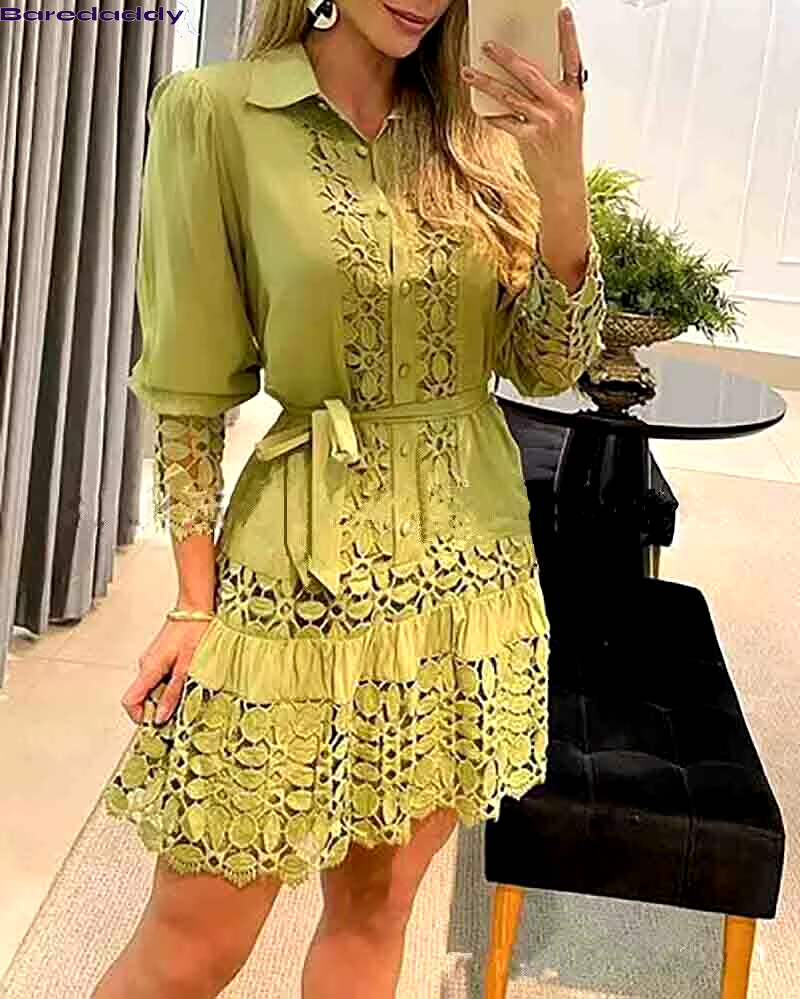 BareDaddy Autumn Sexy Lace Patch Shirt Dress