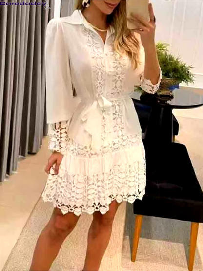 BareDaddy Autumn Sexy Lace Patch Shirt Dress