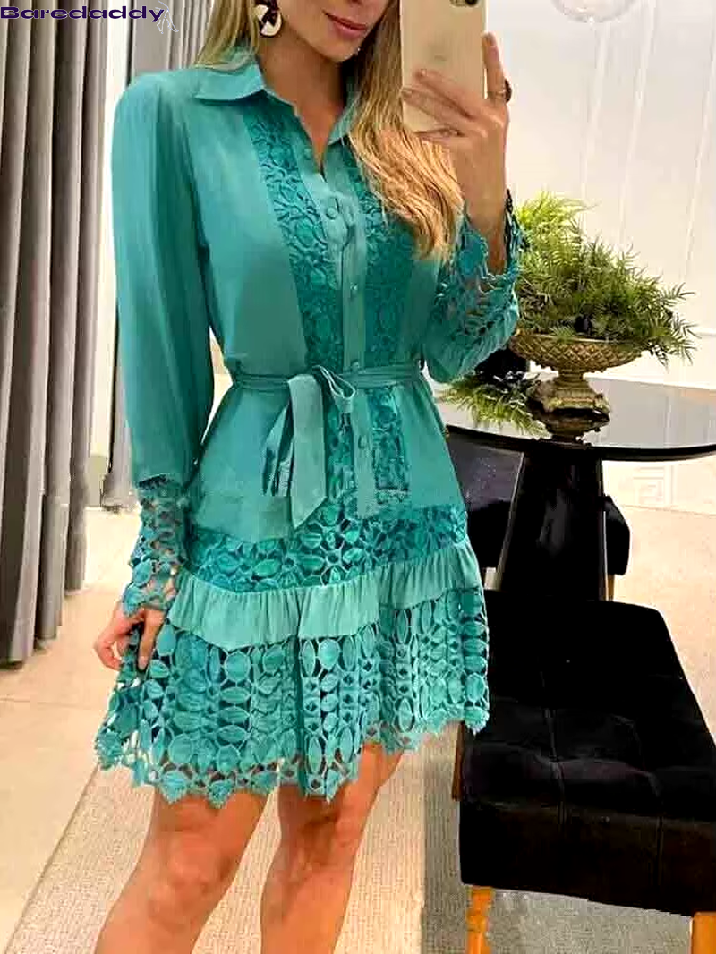 BareDaddy Autumn Sexy Lace Patch Shirt Dress