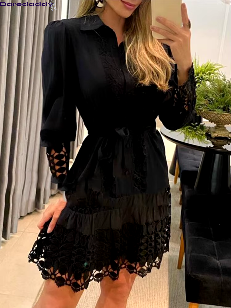 BareDaddy Autumn Sexy Lace Patch Shirt Dress