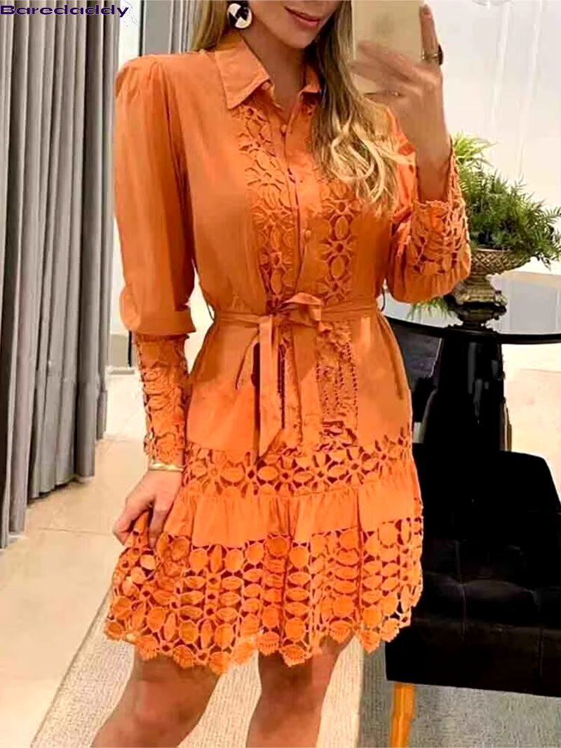 BareDaddy Autumn Sexy Lace Patch Shirt Dress