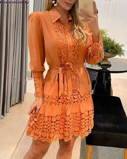 BareDaddy Autumn Sexy Lace Patch Shirt Dress