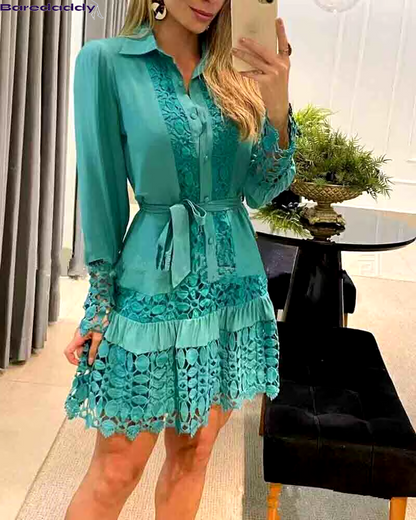 BareDaddy Autumn Sexy Lace Patch Shirt Dress