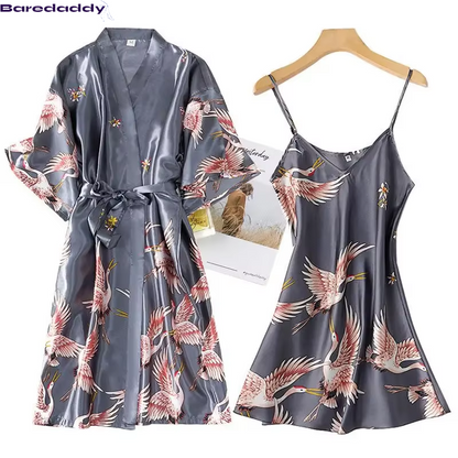 Baredaddy Faux Silk Kimono Robe Gown