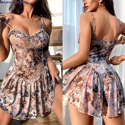 Baredaddy Floral Pleated Camisole Babydoll Nightgown