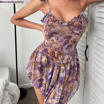 Baredaddy Floral Pleated Camisole Babydoll Nightgown