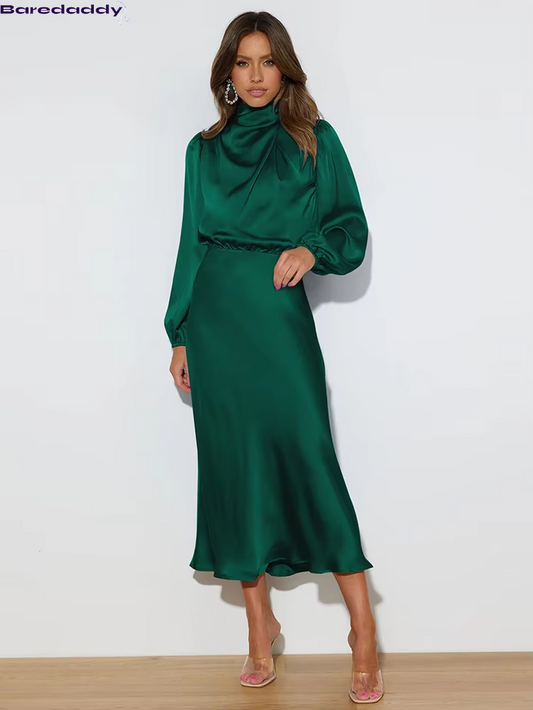 Baredaddy New High-End Satin Long Sleeved Midi Dress