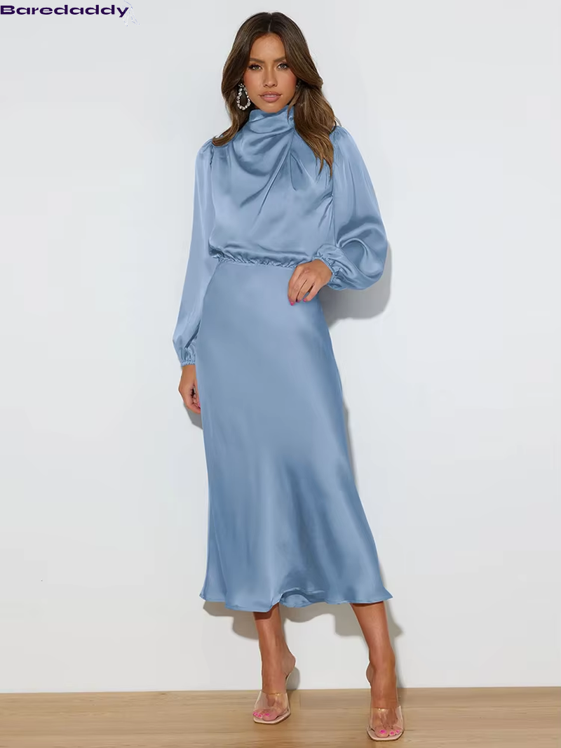 Baredaddy New High-End Satin Long Sleeved Midi Dress