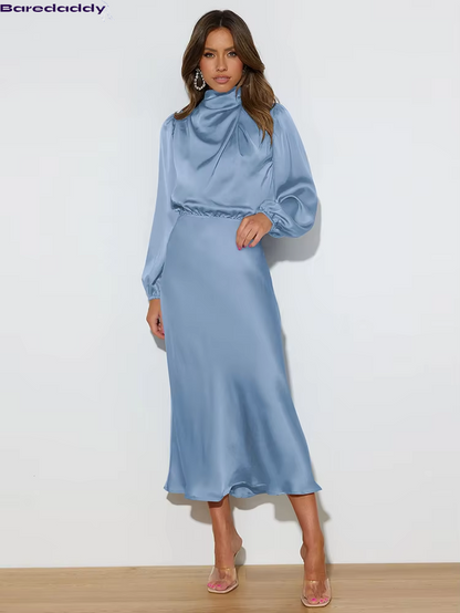 Baredaddy New High-End Satin Long Sleeved Midi Dress