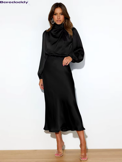 Baredaddy New High-End Satin Long Sleeved Midi Dress