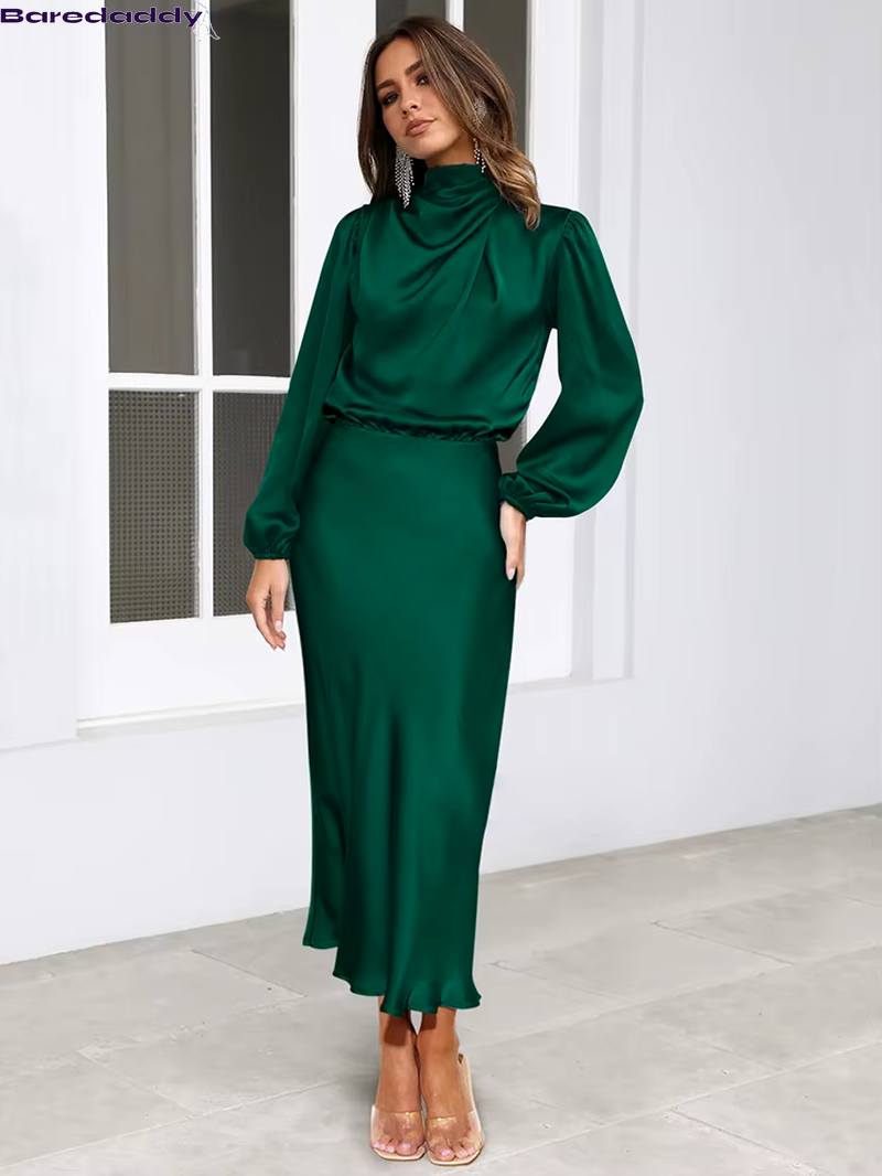 Baredaddy New High-End Satin Long Sleeved Midi Dress