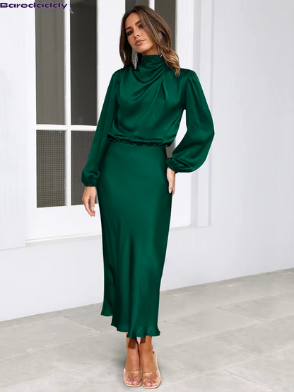 Baredaddy New High-End Satin Long Sleeved Midi Dress