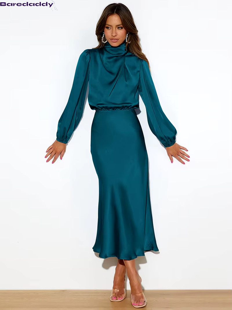 Baredaddy New High-End Satin Long Sleeved Midi Dress