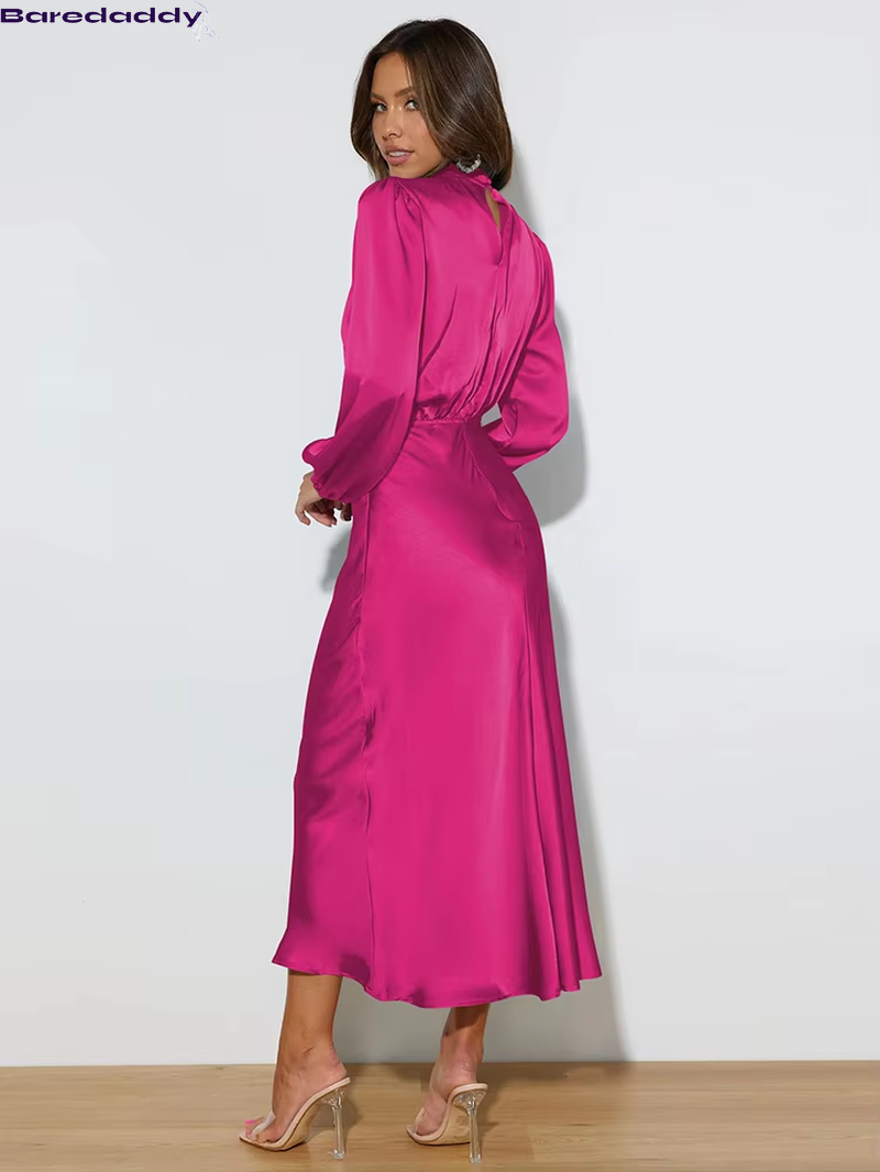 Baredaddy New High-End Satin Long Sleeved Midi Dress