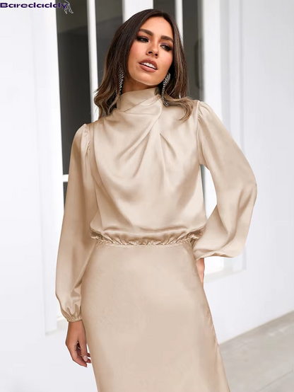 Baredaddy New High-End Satin Long Sleeved Midi Dress