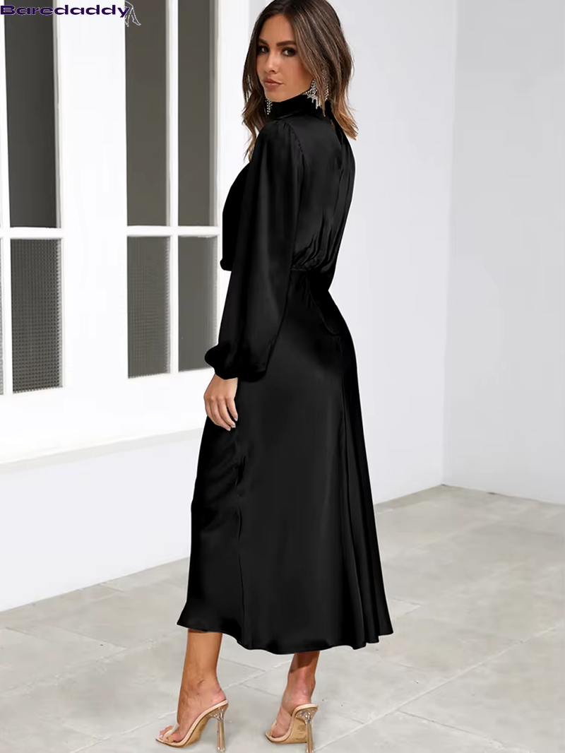 Baredaddy New High-End Satin Long Sleeved Midi Dress