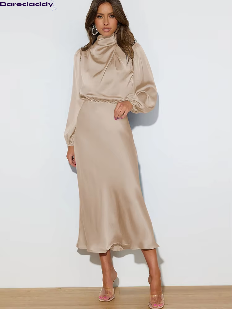 Baredaddy New High-End Satin Long Sleeved Midi Dress