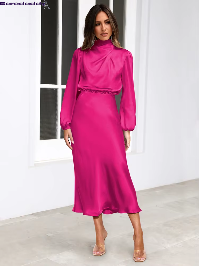 Baredaddy New High-End Satin Long Sleeved Midi Dress