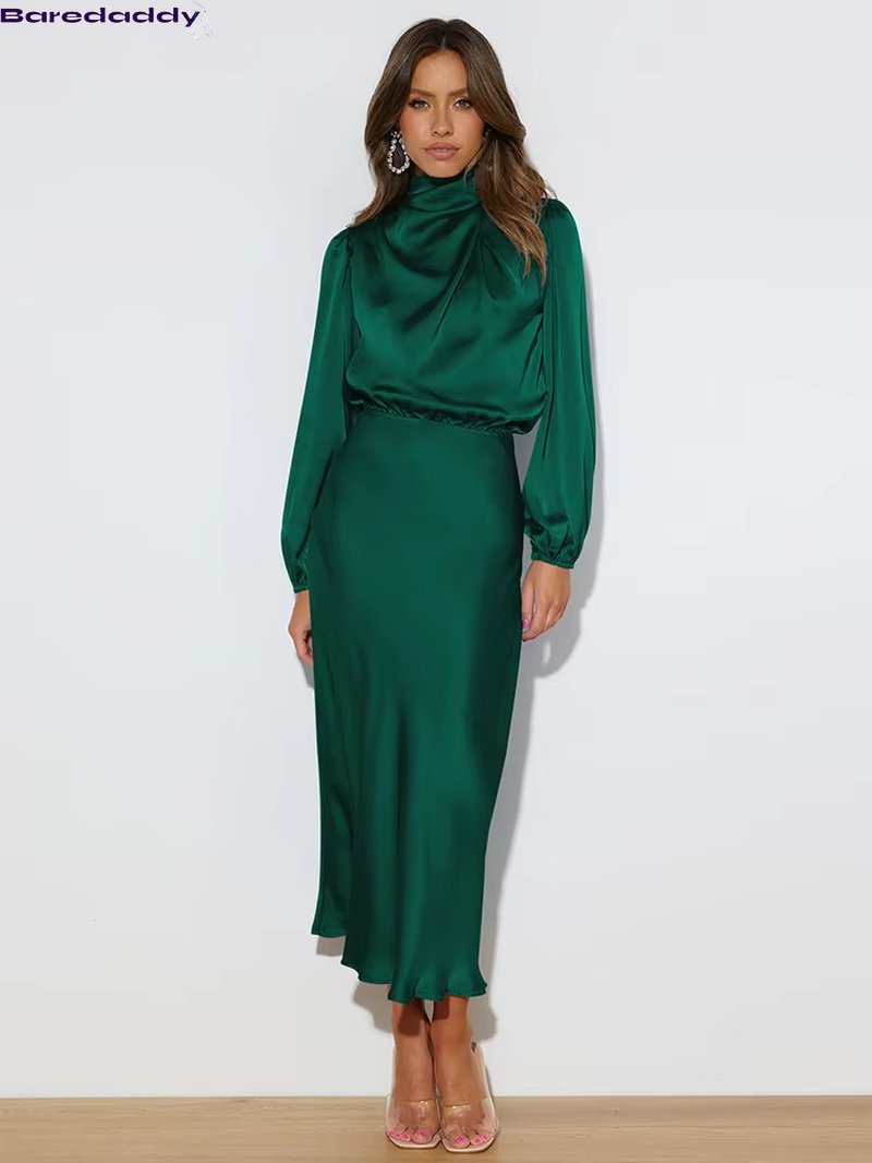 Baredaddy New High-End Satin Long Sleeved Midi Dress