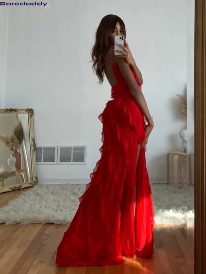 Baredaddy Red Ruffle Long Dress