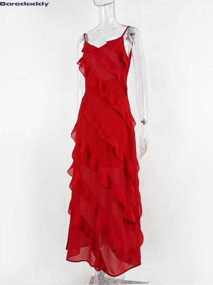 Baredaddy Red Ruffle Long Dress