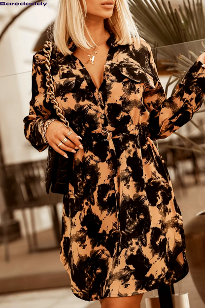 Baredaddy V-Neck Leopard Printed Pullover Shirt Dress