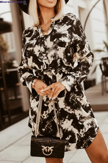 Baredaddy V-Neck Leopard Printed Pullover Shirt Dress