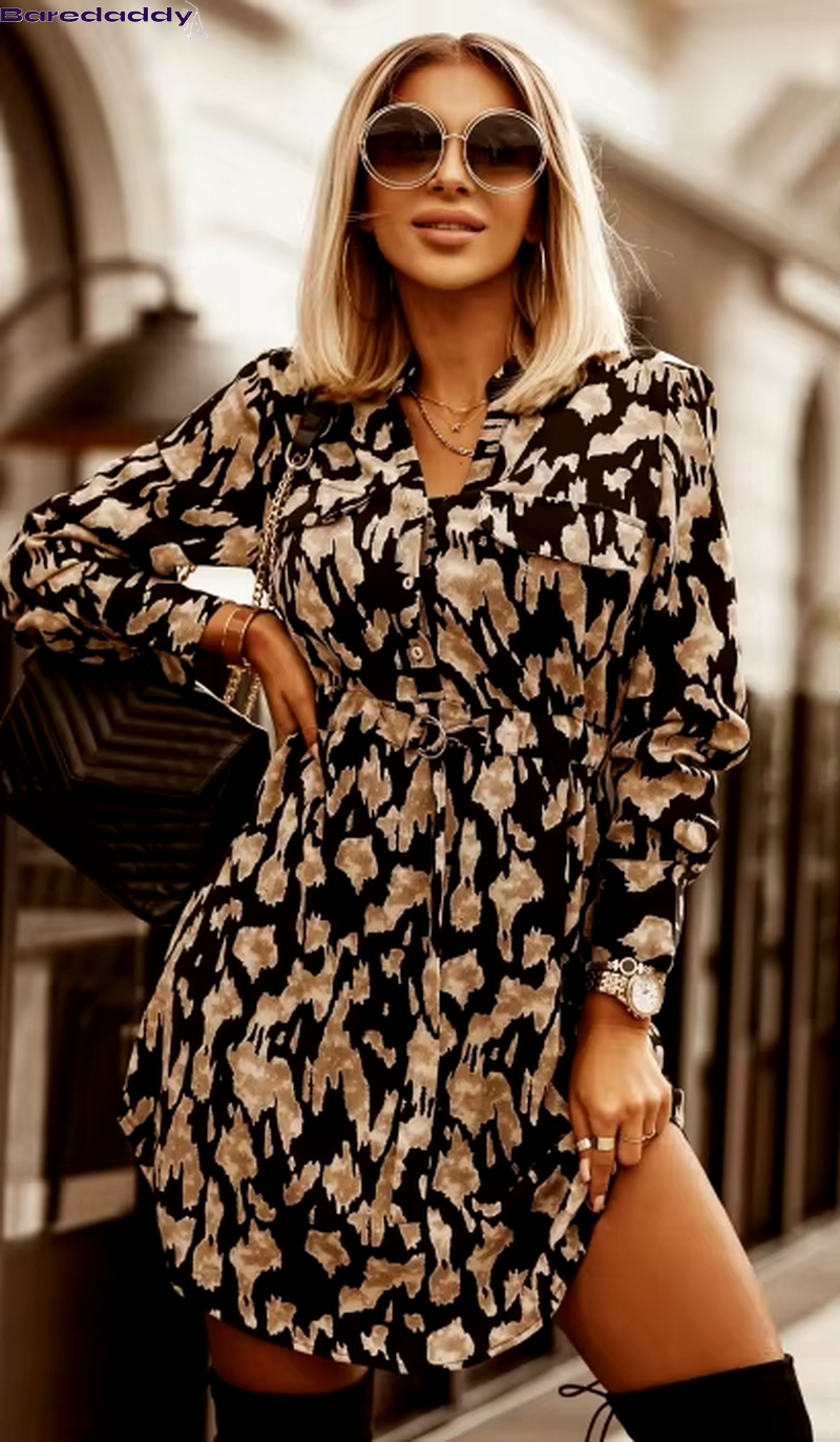 Baredaddy V-Neck Leopard Printed Pullover Shirt Dress