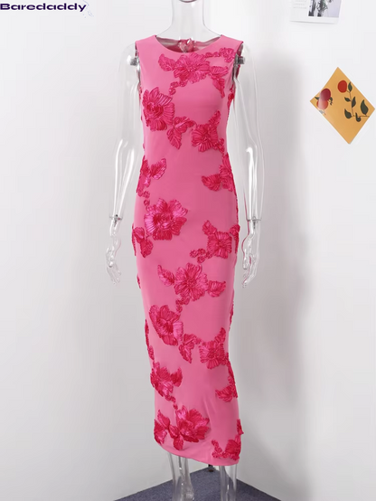 Baredaddy 3D Flower O-Neck Sleeveless Mesh midi Dress