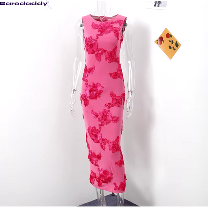 Baredaddy 3D Flower O-Neck Sleeveless Mesh midi Dress