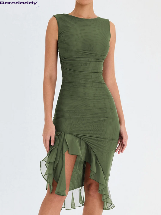 Elegant Ruffle Ruched Midi Dress