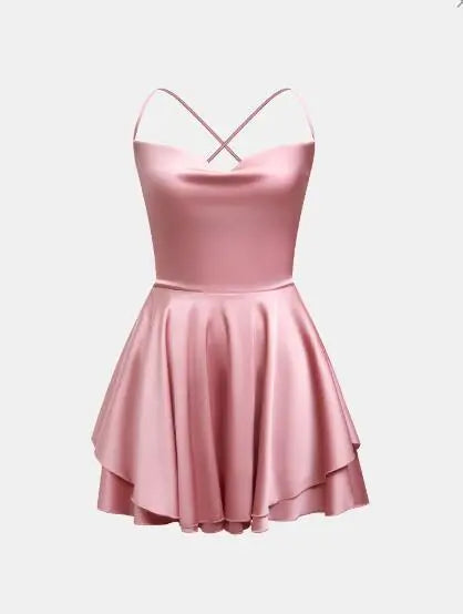 European Satin Backless Strap Suspender Ruffled A-Hem Dress