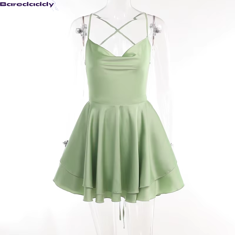 European Satin Backless Strap Suspender Ruffled A-Hem Dress