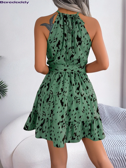 Leopard Print Ruffled Hanging Halter Midi Dress