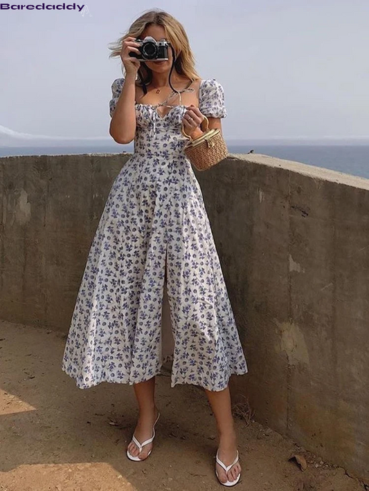 Puff Sleeve Floral Print Slit Long Midi Dress