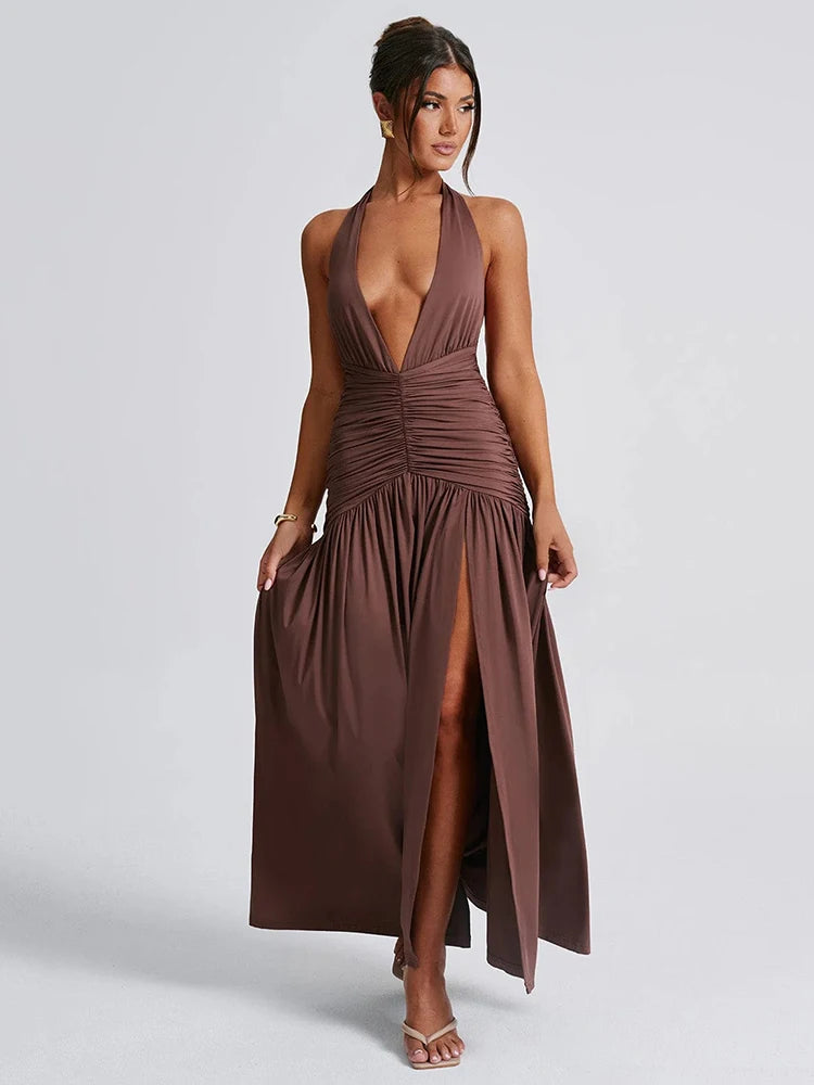 Halter Deep V Neck Backless Midi Dress 