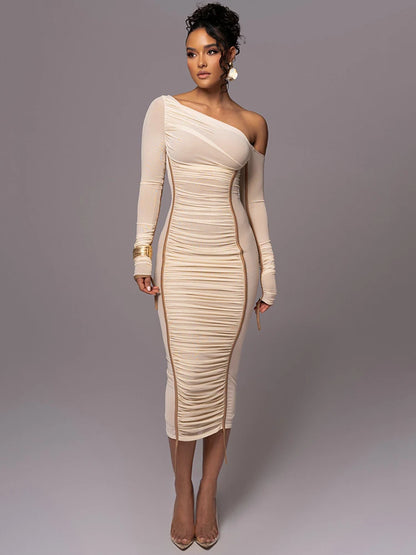 Women Two Layer Mesh Backless Long Sleeve Midi Bodycon Dress