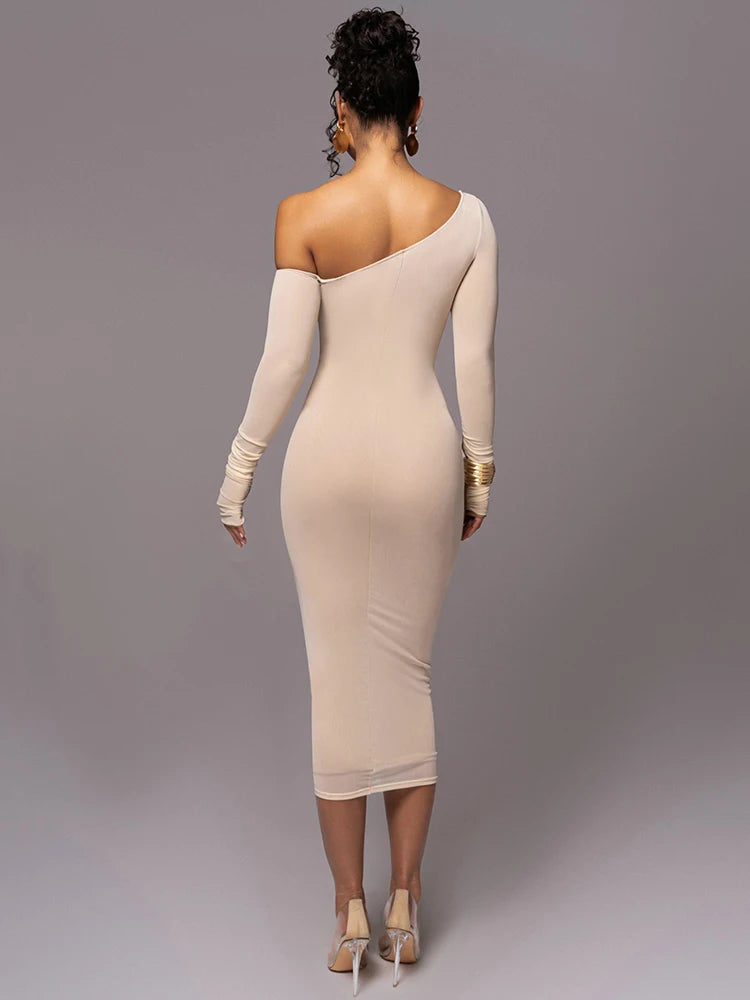 Women Two Layer Mesh Backless Long Sleeve Midi Bodycon Dress