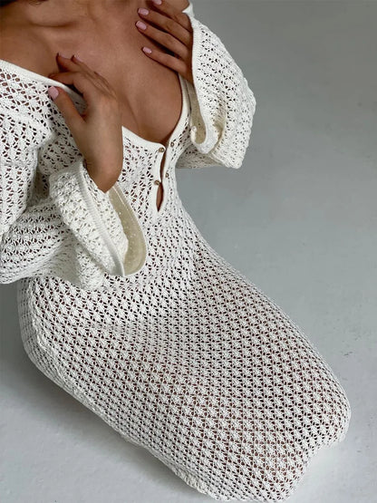 Women Knit Sleeve See-Through Dress