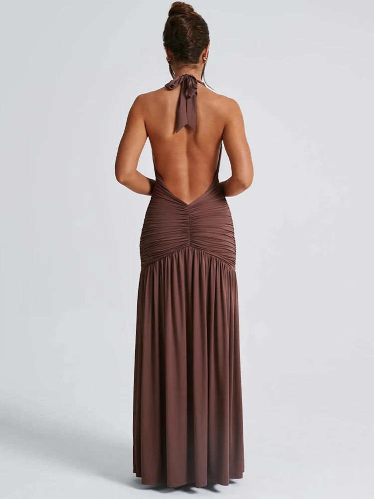 Halter Deep V Neck Backless Midi Dress 