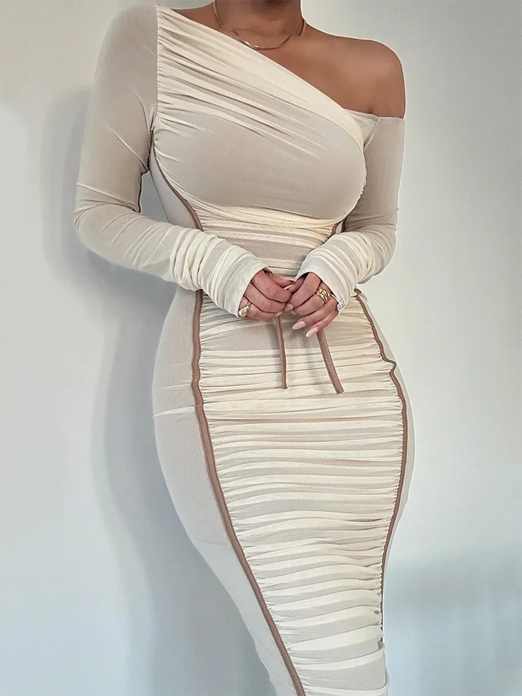 Women Two Layer Mesh Backless Long Sleeve Midi Bodycon Dress