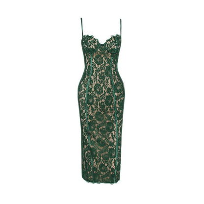 Summer Midi Green Dress Elegant Spaghetti Strap 