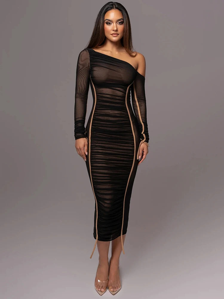 Women Two Layer Mesh Backless Long Sleeve Midi Bodycon Dress