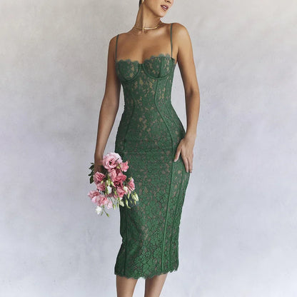 Summer Midi Green Dress Elegant Spaghetti Strap 