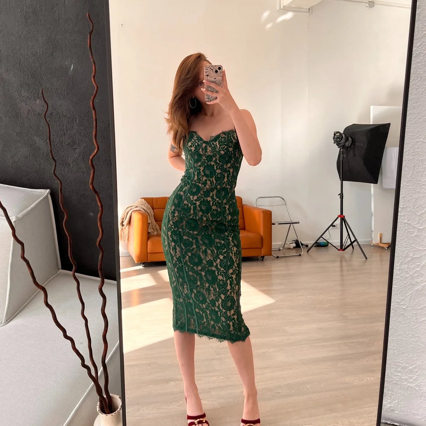 Summer Midi Green Dress Elegant Spaghetti Strap 