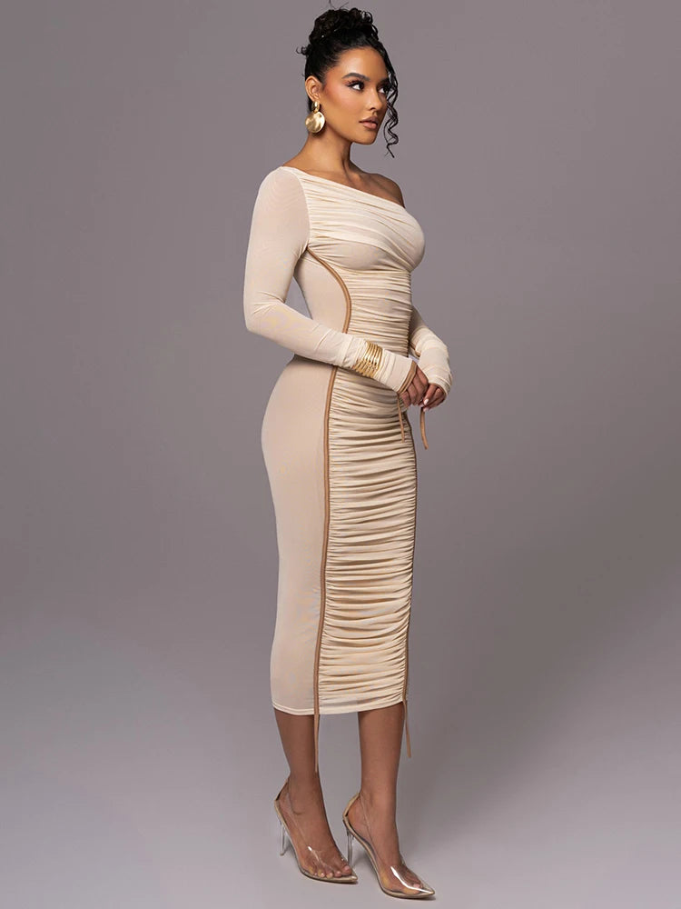 Women Two Layer Mesh Backless Long Sleeve Midi Bodycon Dress