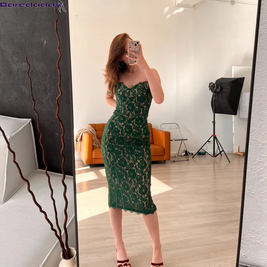 Summer Midi Green Dress Elegant Spaghetti Strap