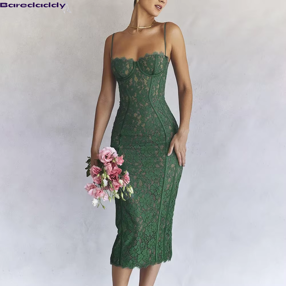 Summer Midi Green Dress Elegant Spaghetti Strap